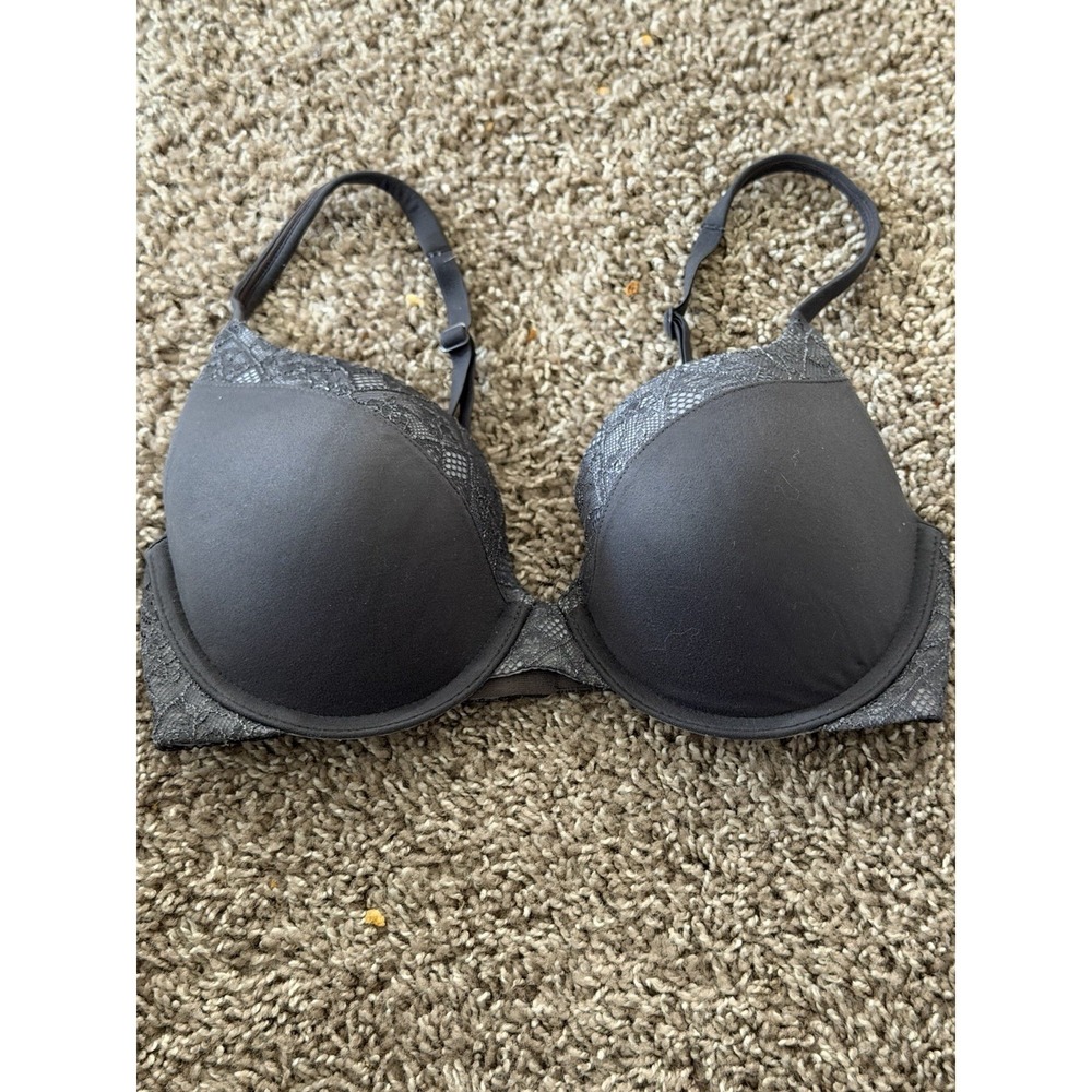 Victoria's Secret Perfect Shape T Bra Size 32D Lace Detail Padded Gray A1-0081